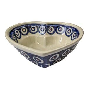 Boleslawiec Polish Pottery Heart Love Shaped Bowl 6" Poland Blue White Ivory